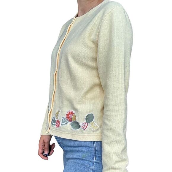 New Christopher & Banks Yellow Embroidered Citric Fruits Cardigan Sweater Size S - Picture 2 of 9